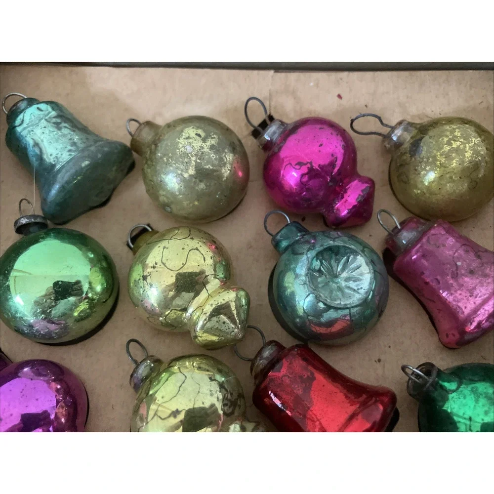 Set Lot 39 Vtg Shiny Brite Mini Mercury Glass Christmas Tree Ornaments Baubles